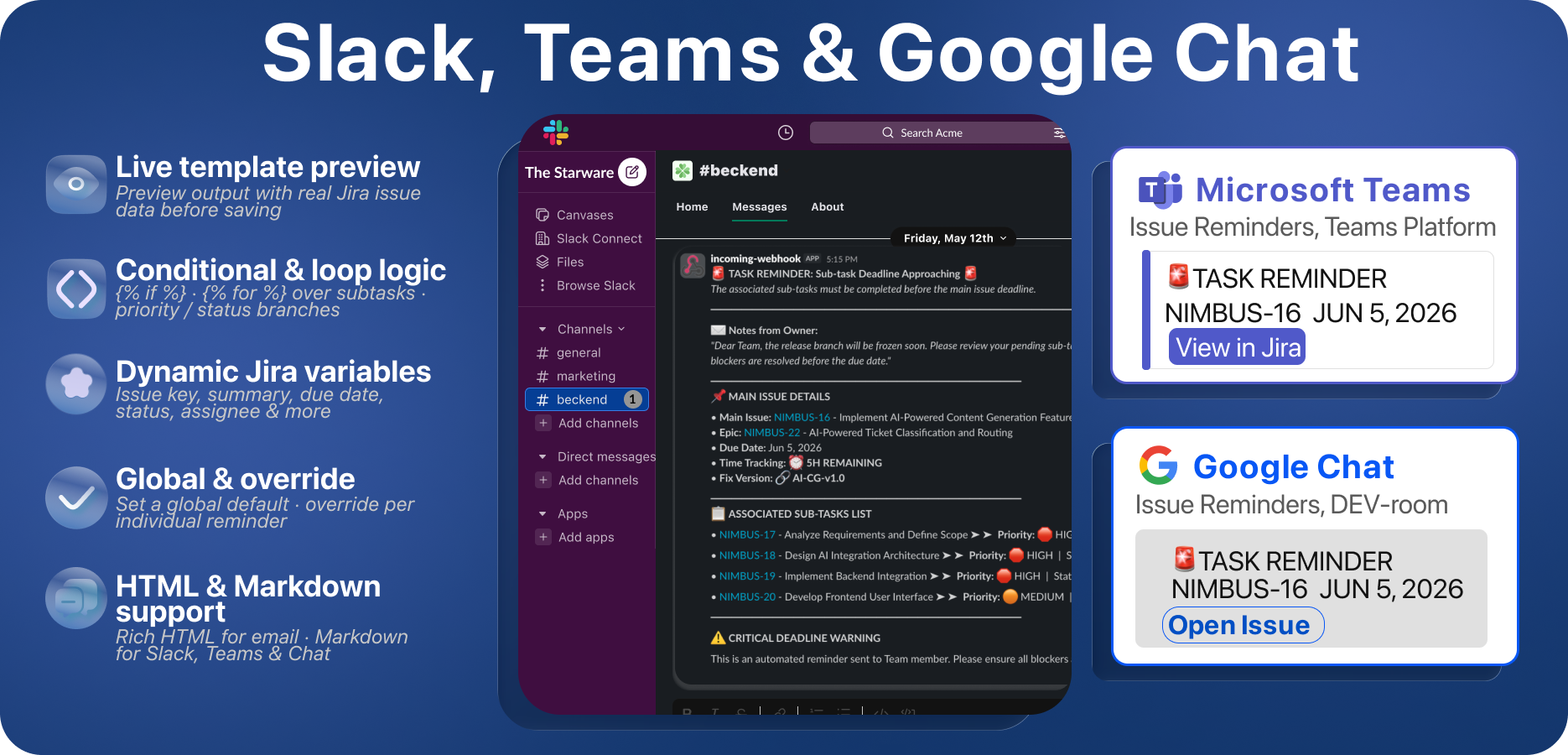 Configure reminder templates and send notifications to supported chat platforms.