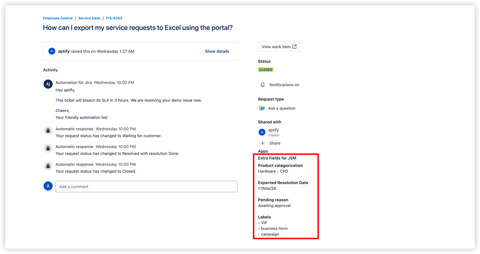 Customers can view selected Jira fields directly on the request details page