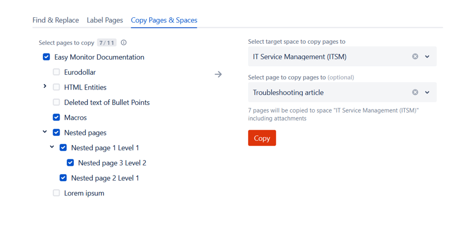 Select pages (or a whole space) to copy into another space.