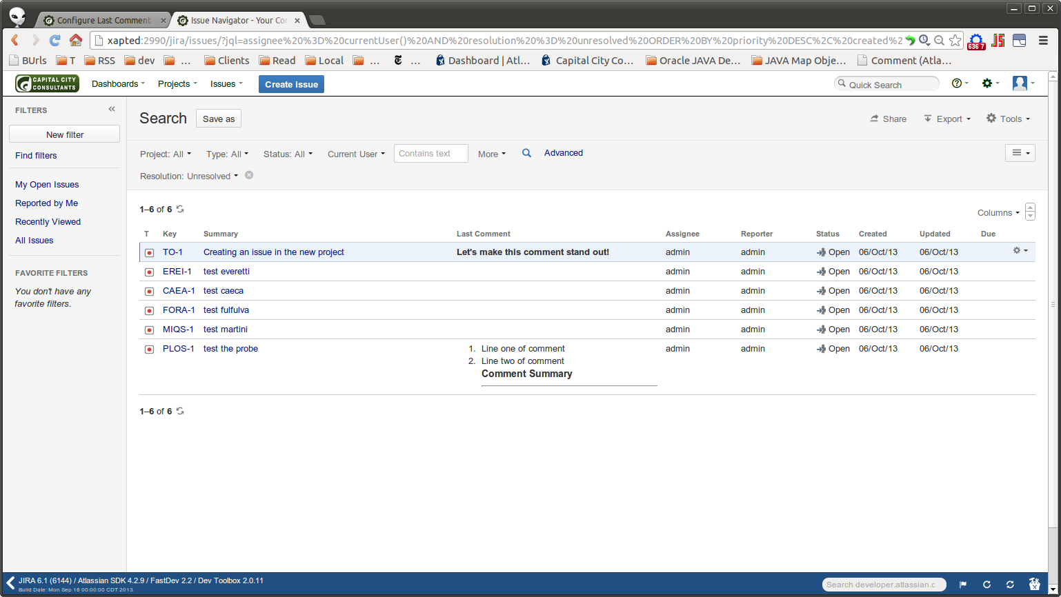 This screenshot shows the comment being displayed in the issue navigator's List View using the 'Wiki' renderer. The text can also be displayed with all the HTML tags removed (default behavior).