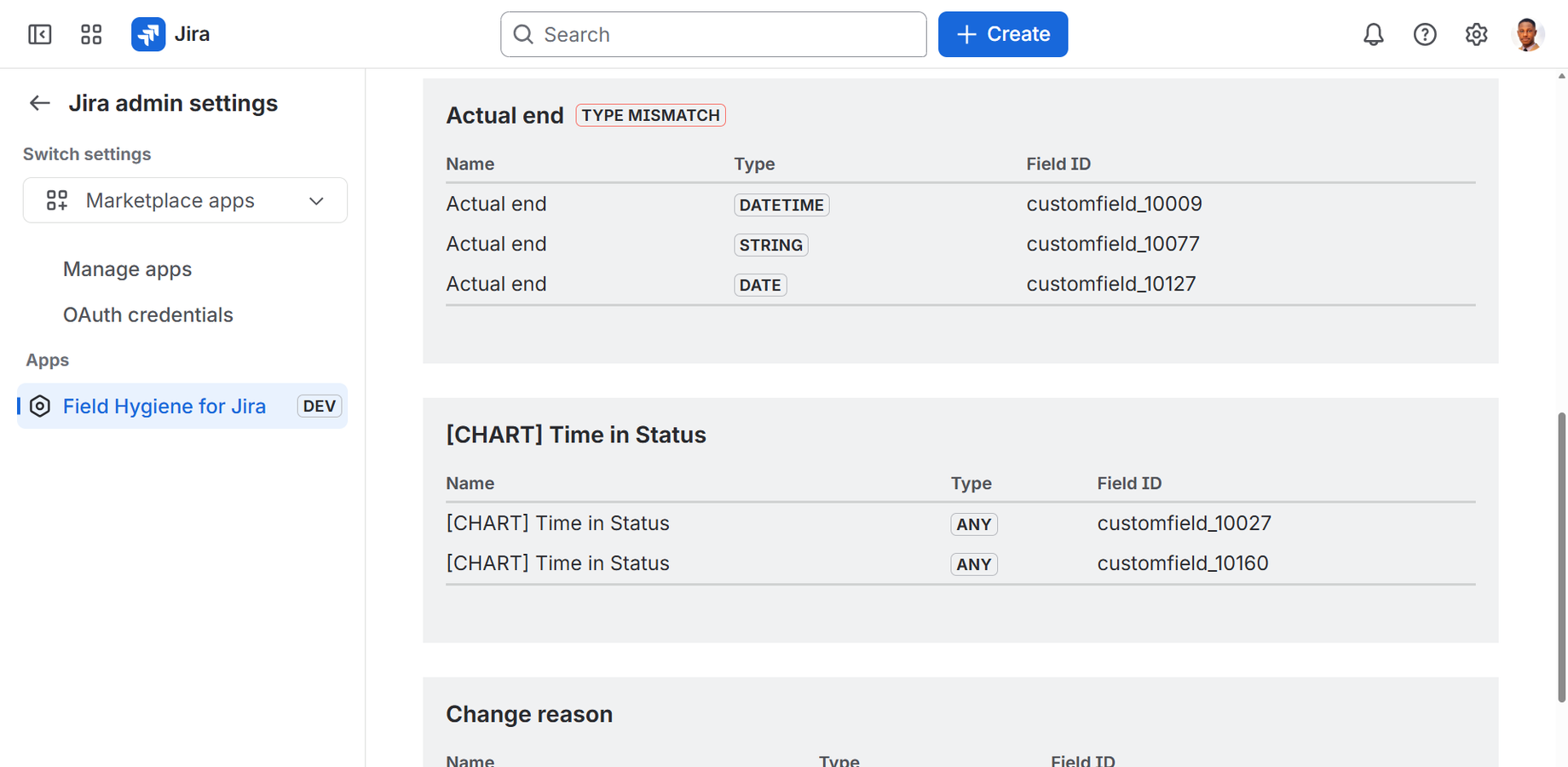 Duplicate and near-duplicate fields, grouped with a type-mismatch warning.