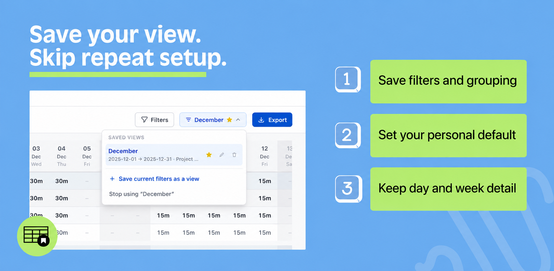 Saved Views stores filters, grouping and periods. Star a personal default; relative periods such as Last month update as time moves on.