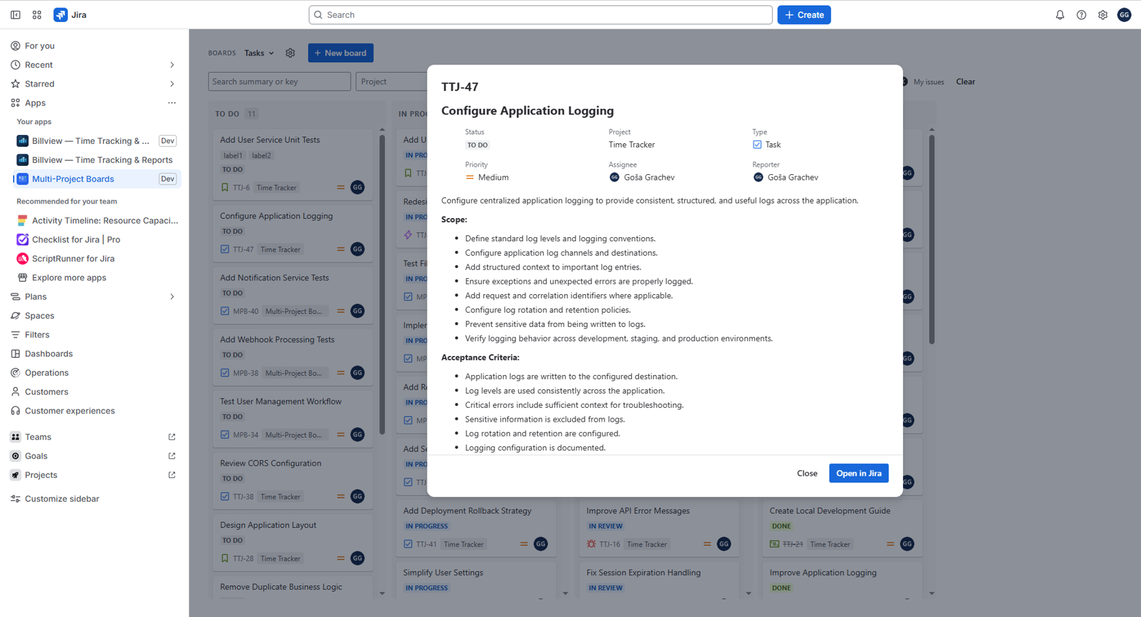 The issue dialog shows full details right on the board, with a one-click link to open the issue in Jira