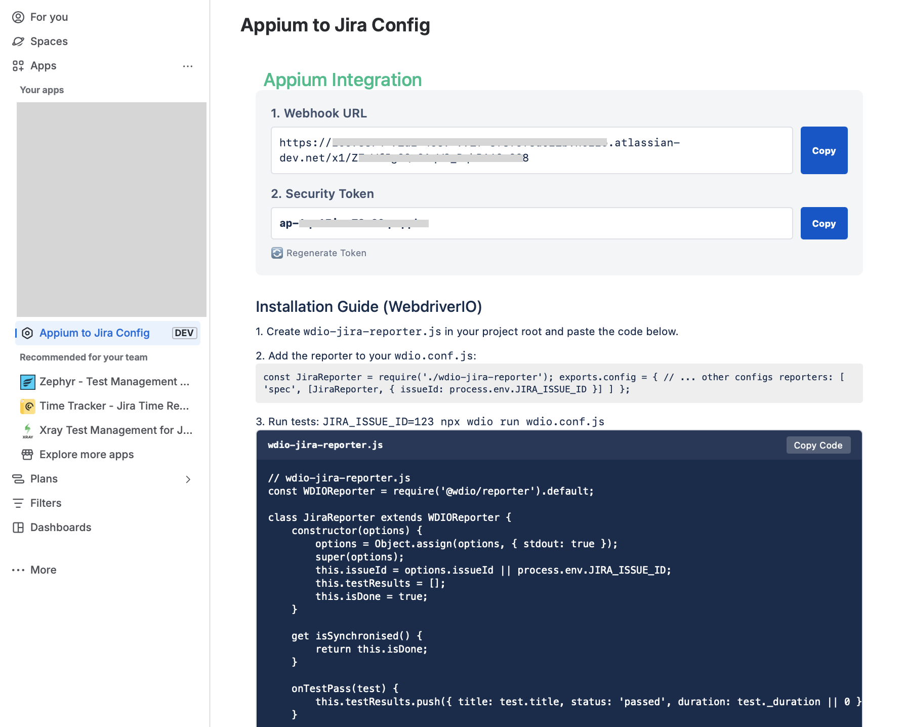 Generate secure Webhook credentials and copy the native WebdriverIO custom reporter script with a single click.