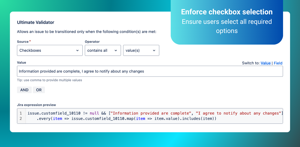 Ultimate Validator – enforce checkbox selection before transition – require specific options or validate minimum selected count, flexible and code-free.