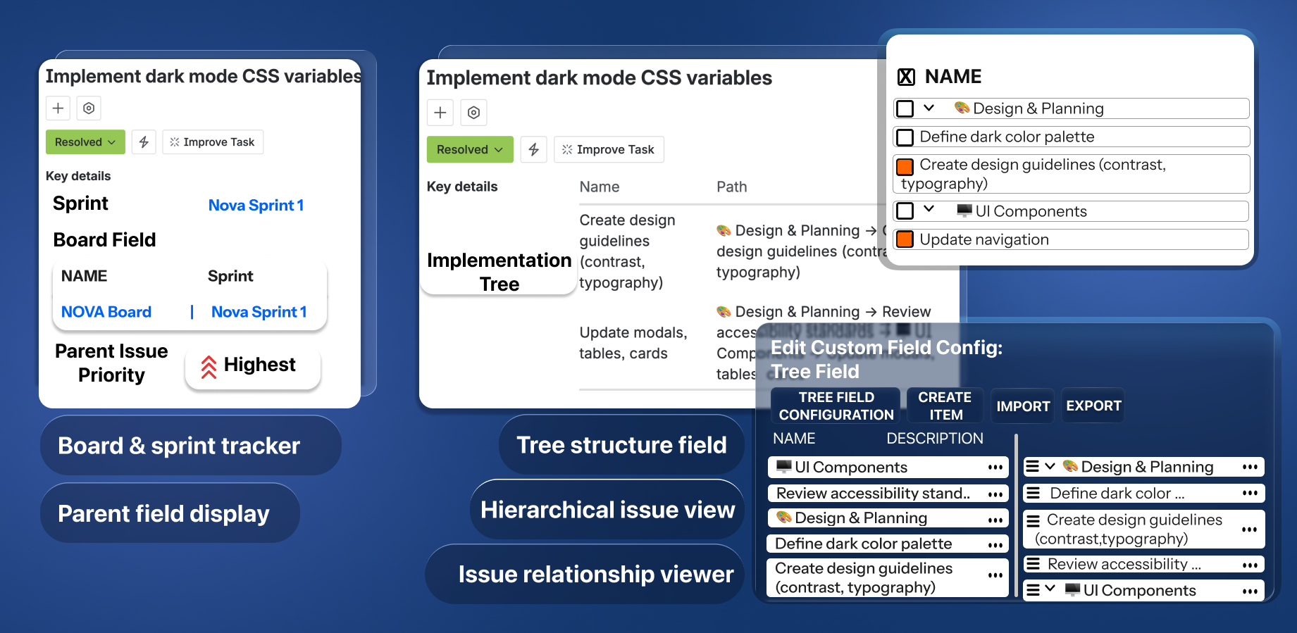 ​Deliver important information right on the issue page. You can select between 5 different message types; Information, Success, Error, Danger, Warning.