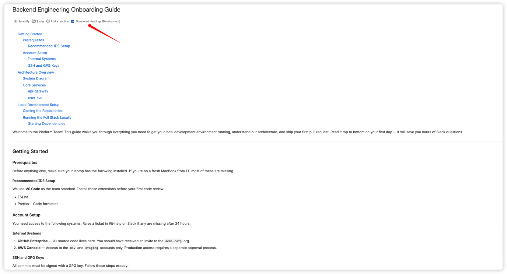 Launch Auto Numbered Headings from the page byline to configure heading numbering for the current page.