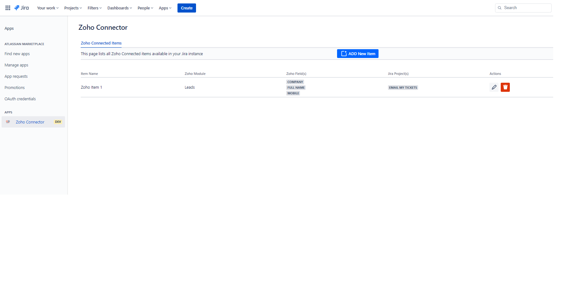 Add Zoho Connected Items & Associate them to Jira