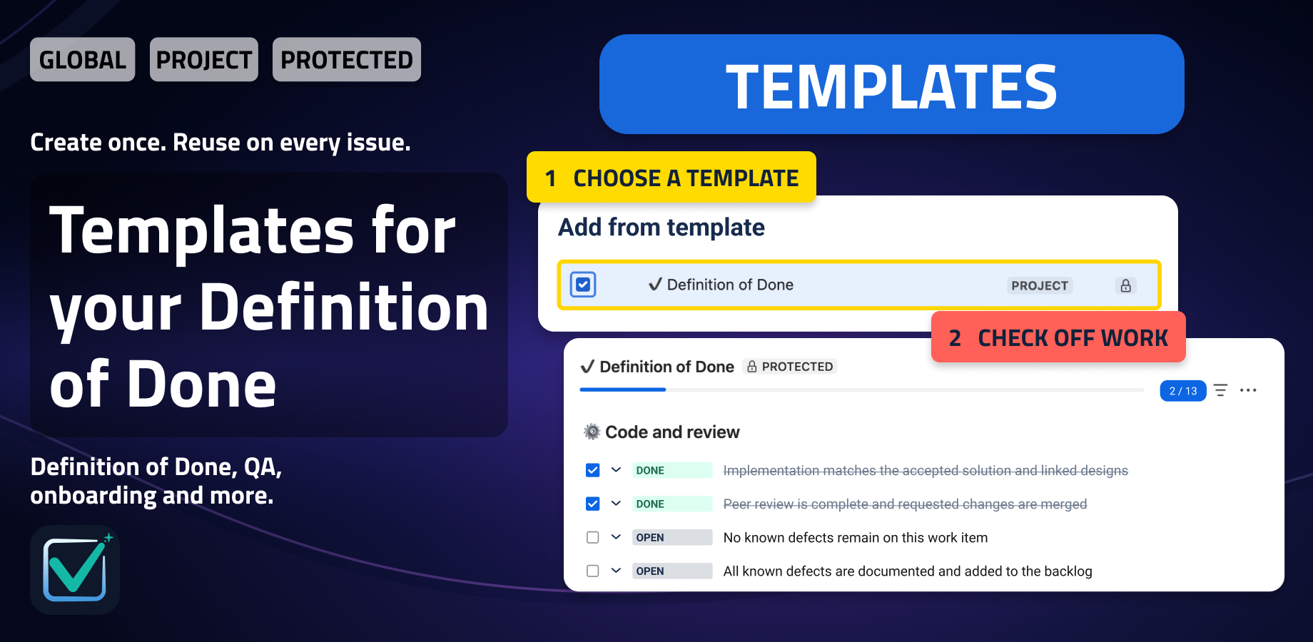A protected Definition of Done template applied to a Jira issue, with completed and open checklist items and a progress bar showing what is done.
