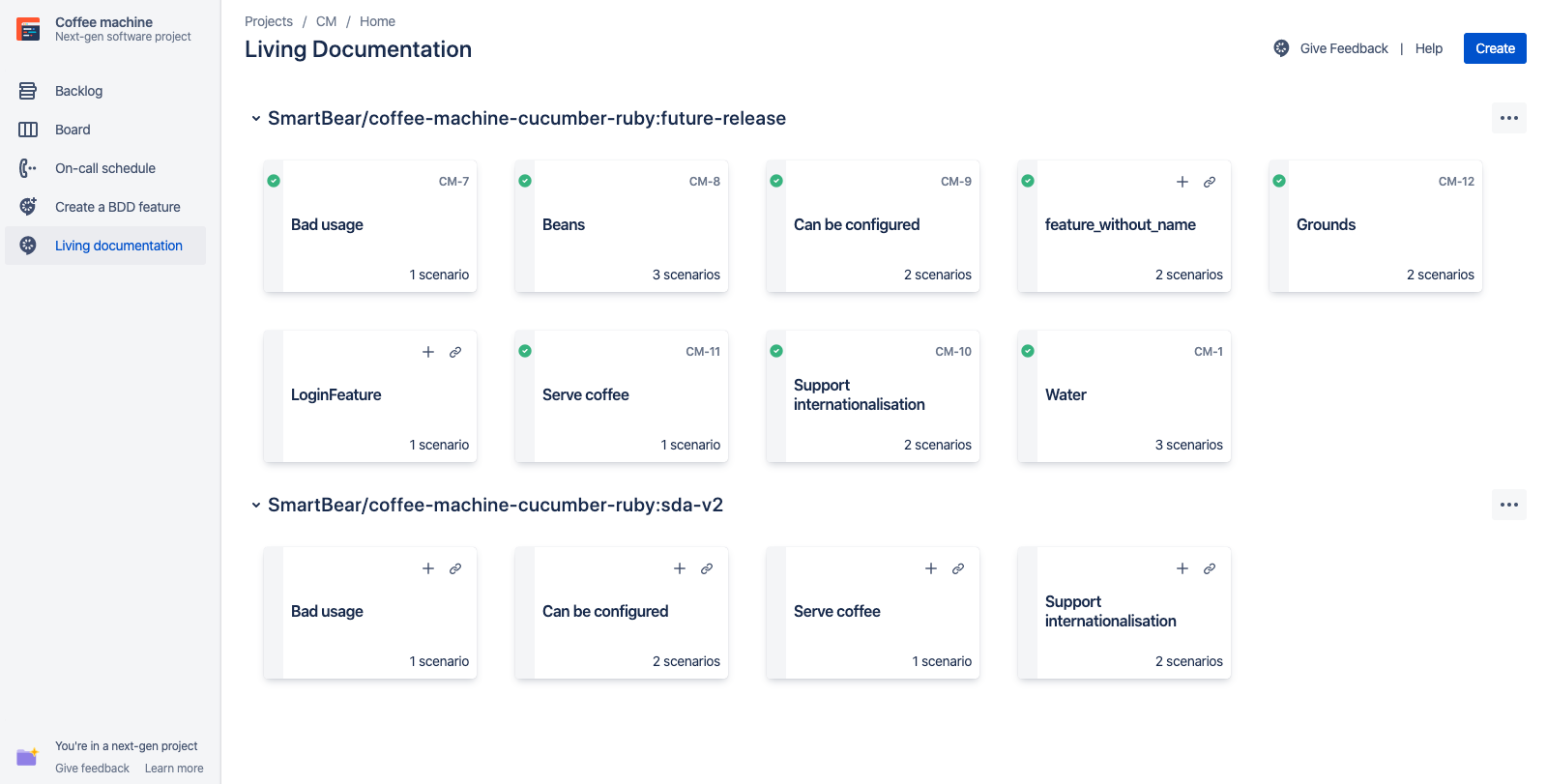 Living documentation displays features as cards with minimal information but relevant. All features in Living documentation are synchronized with Git repo.