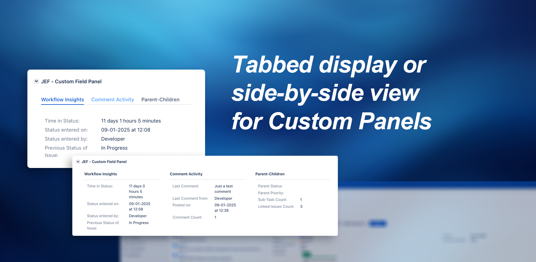 Two different screenshots of the tab mode display which shows one screen with tabs and one screen with all the tabs spread out next to each other