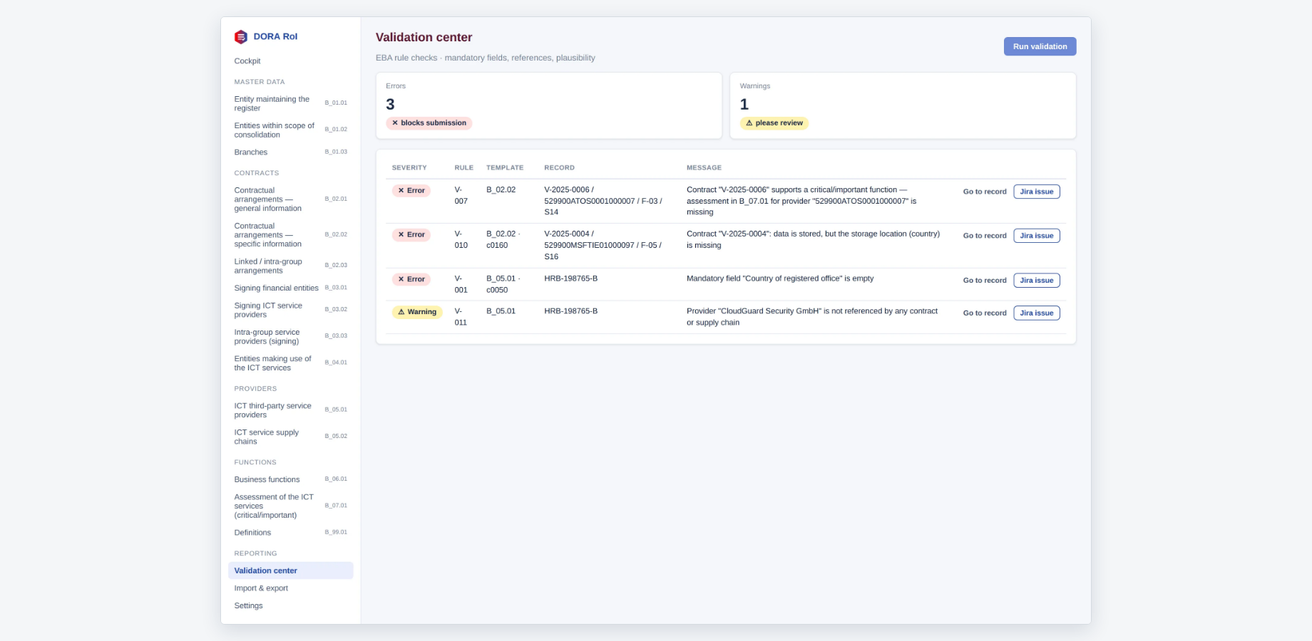 The validation center lists every finding and turns it into a Jira issue with one click.