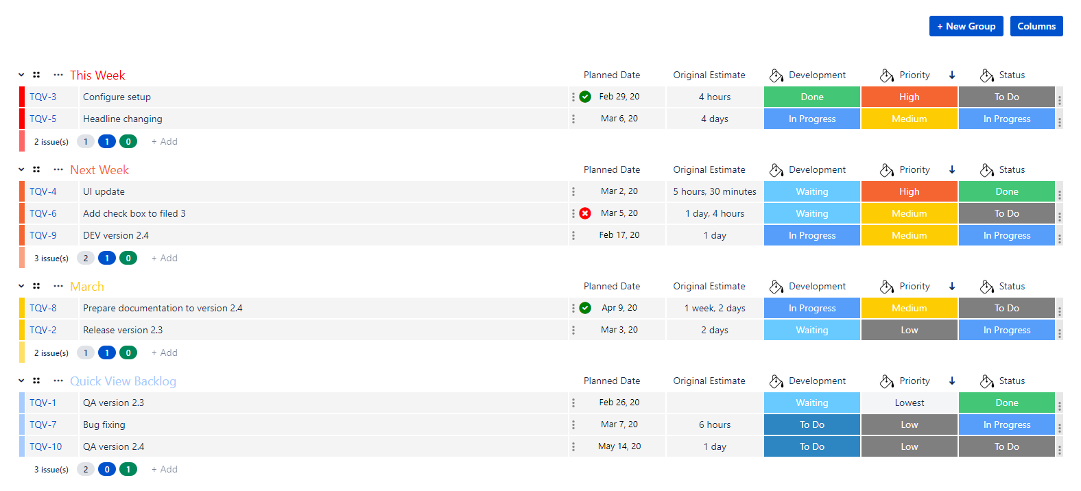 Manage features, to-do lists &
customer requirements in a single
simple to view screen that
provides a better project tracking
and task management
experience.
Use drag&Drop to move issues around the groups.