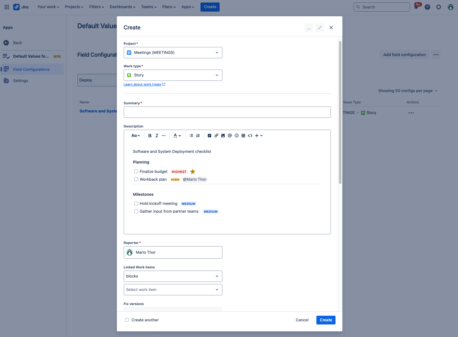 Create work item and watch default values added automatically