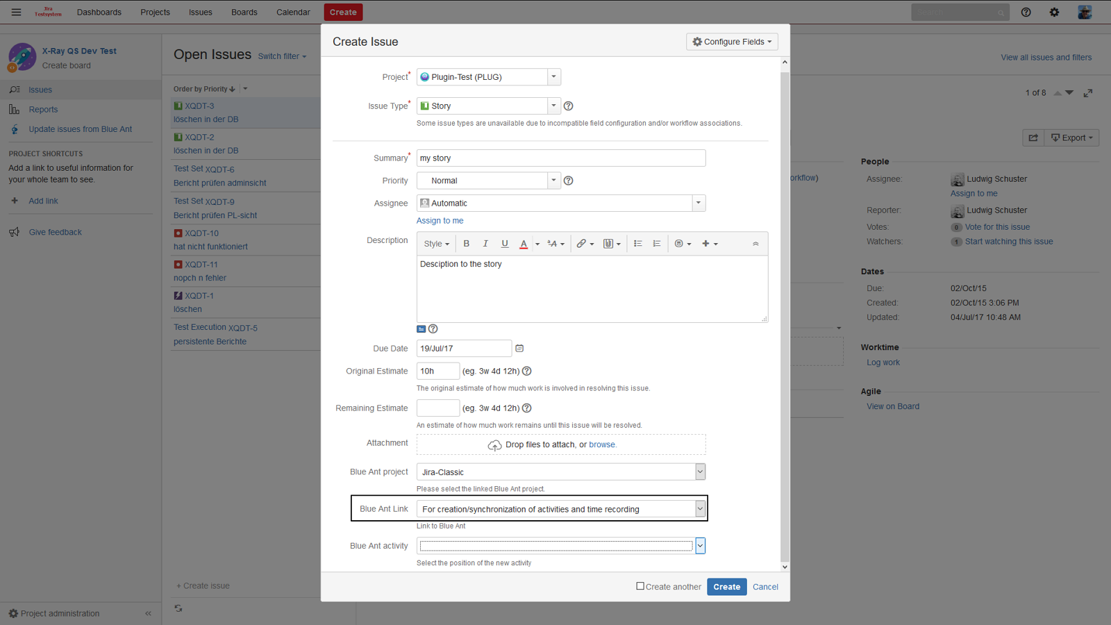 Create & assign issue to Blue Ant project/activity