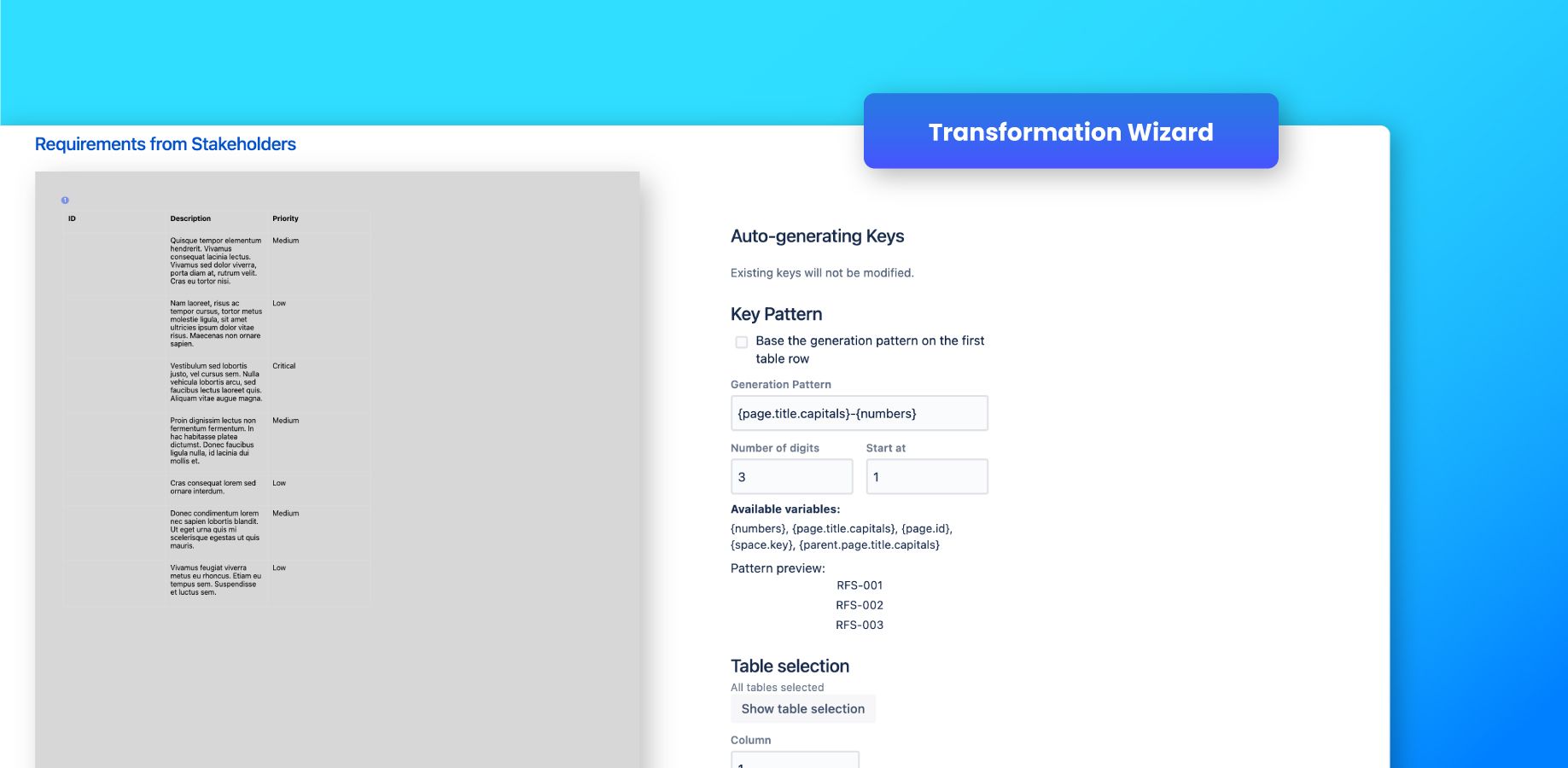 Transform and generate requirements in bulk
