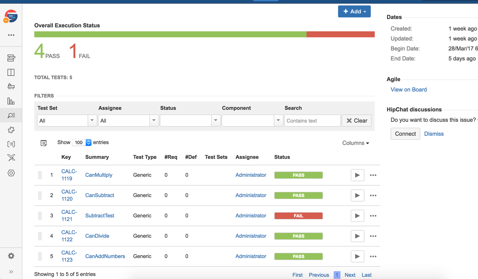 Example of a Test Execution created from the results of a Nunit execution report, where multiple Test cases were created automatically along with their results.