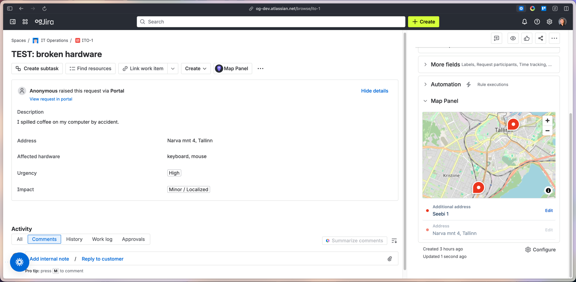 Compact map in the issue context panel provides a quick visual reference of the location without leaving the workflow