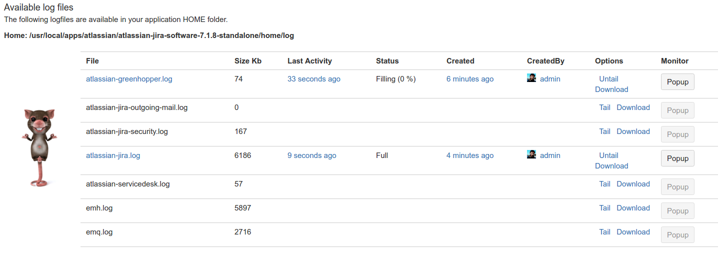 The Log Tailer admin screen shows all the logfiles found in your Jira HOME/log folder, their size and tailing status.