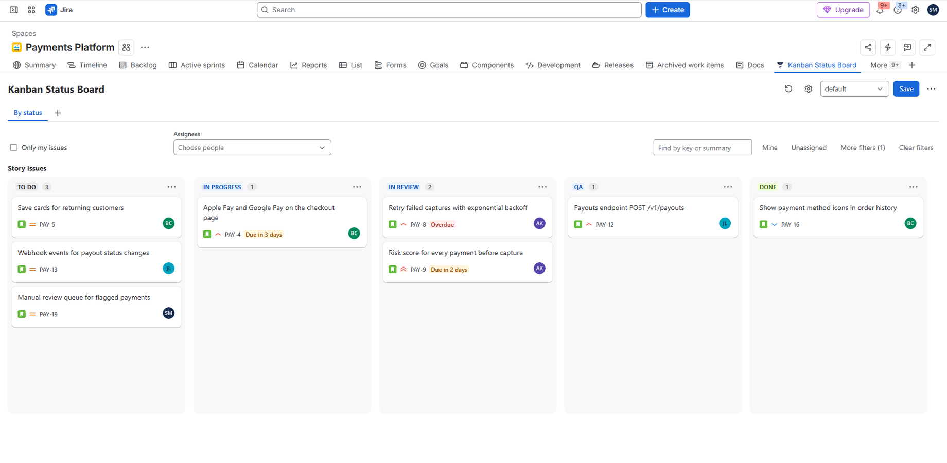 Drag a card to run the real Jira transition — unreachable statuses are blocked while you drag.