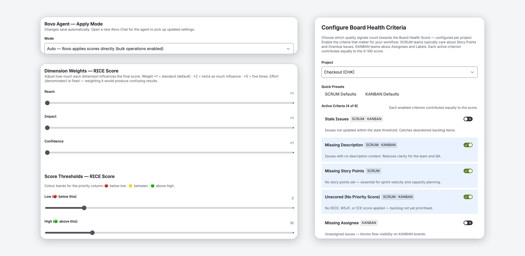 Configure dimension weights for RICE/WSJF/ICE, set score threshold colors, choose Rovo AI apply mode (Suggest/Confirm/Auto), and define Board Health criteria per project.