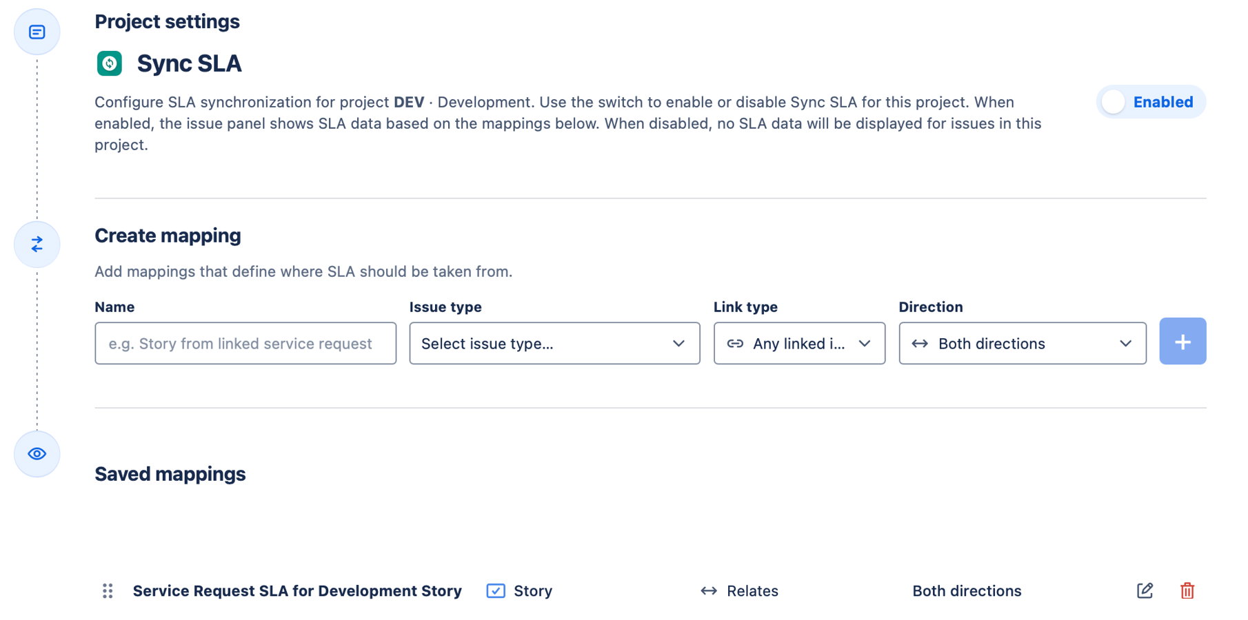 Project-level mapping configuration for selecting issue types, link types, and SLA source direction.