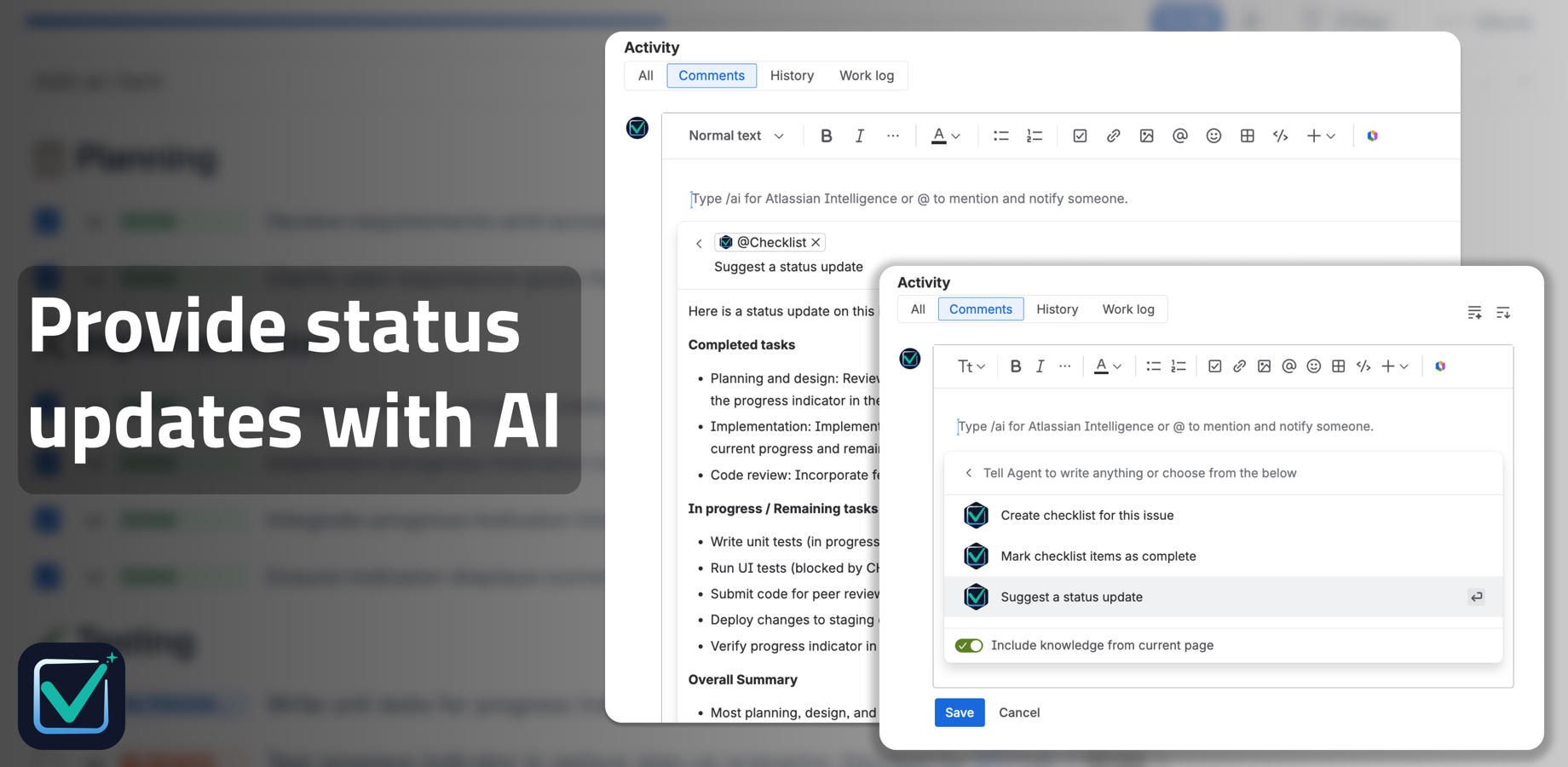 Access AI checklist agent directly from comments