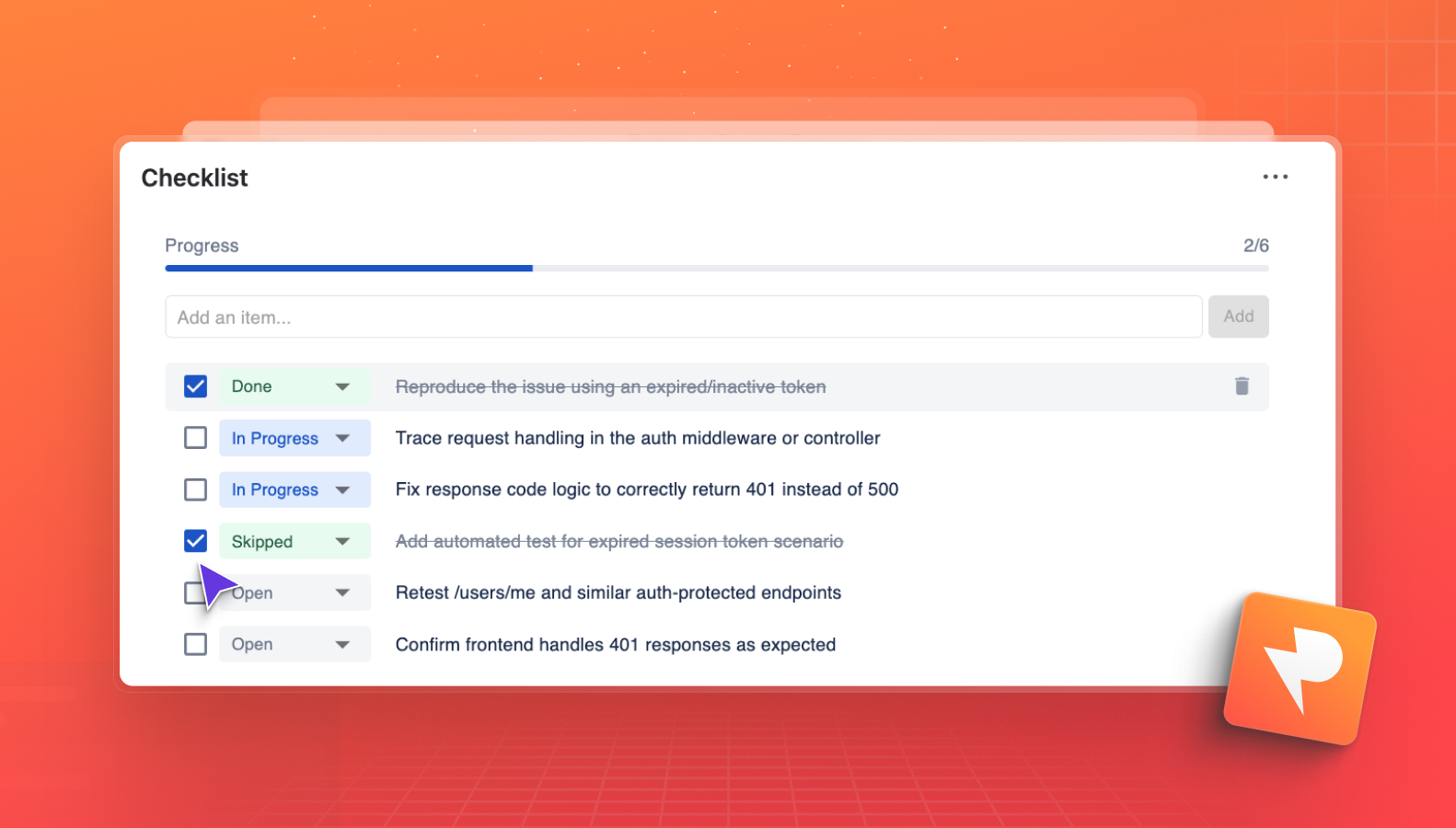 Live checklist tracking Definition of Done and acceptance criteria inside a Jira issue, with real-time progress as to-do items are completed.
