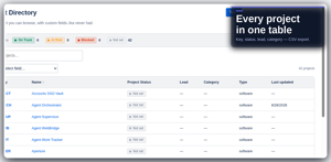 Table view of the directory. Status, lead, and category are columns Jira’s own project list does not give you.