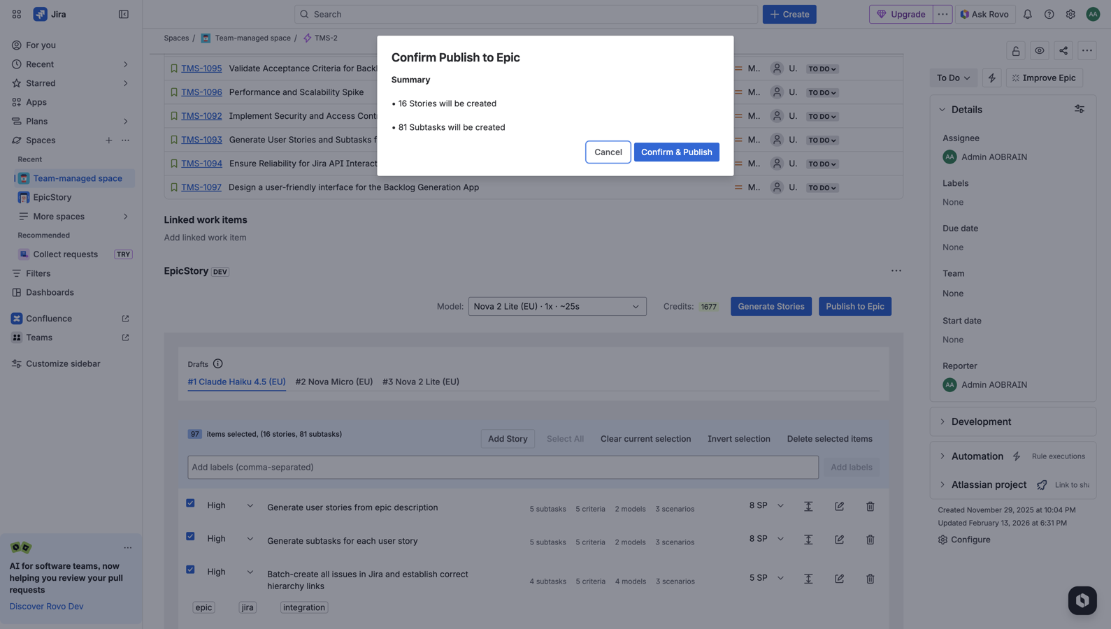  The Confirm Publish modal shows selected totals before creation, so teams can validate scope and avoid accidental bulk issue creation