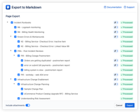 Real-time export progress — each page updates to show a green Processed status as it completes. Track the entire bulk export at a glance and confirm every page has been successfully exported