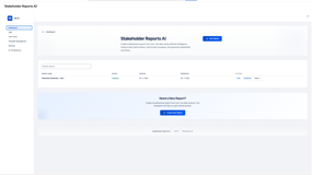 Main dashboard showing all stakeholder reports with status indicators, last update times, and quick actions. Filter by status, search reports and create new AI-powered reports with one click. Clean, intuitive interface.