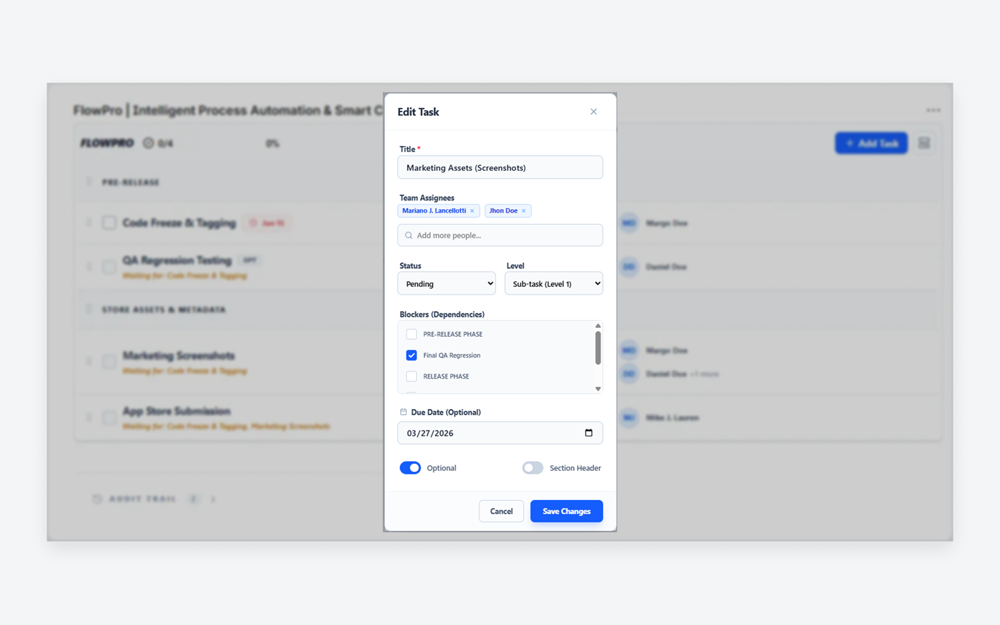 Configure task details, multiple assignees, due dates, and cross-task blockers in one intuitive modal