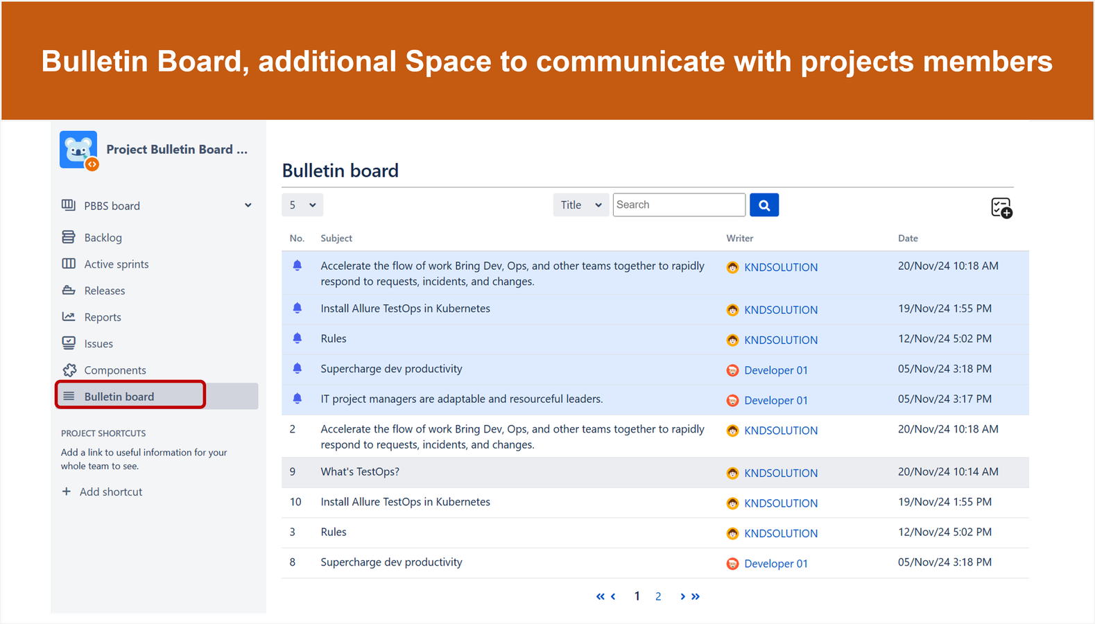 Bulletin Board in Project and posts that added by project members are listed