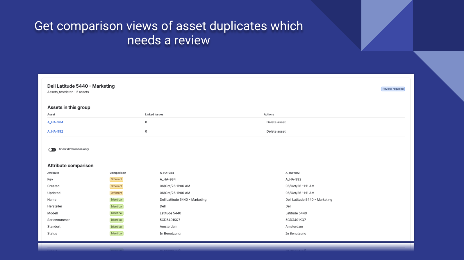 Asset duplicate comparison view for quality check