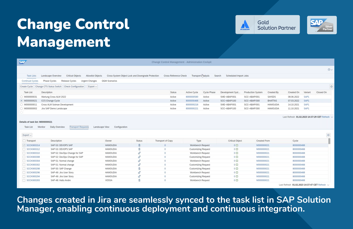 Changes created in Jira are seamlessly synced to the task list in SAP Solution Manager, enabling continuous deployment and continuous integration.
