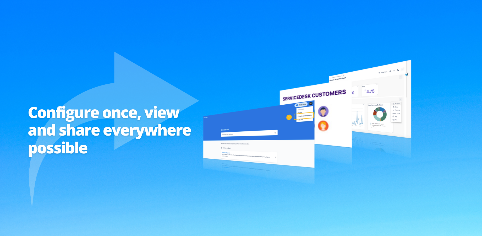 Sharing your reporting assets has never been more easy. Create your dashboard and seamlessly integrate the visuals created as Gadgets within Jira. Additionally share them as PDF, images or MS Excel.