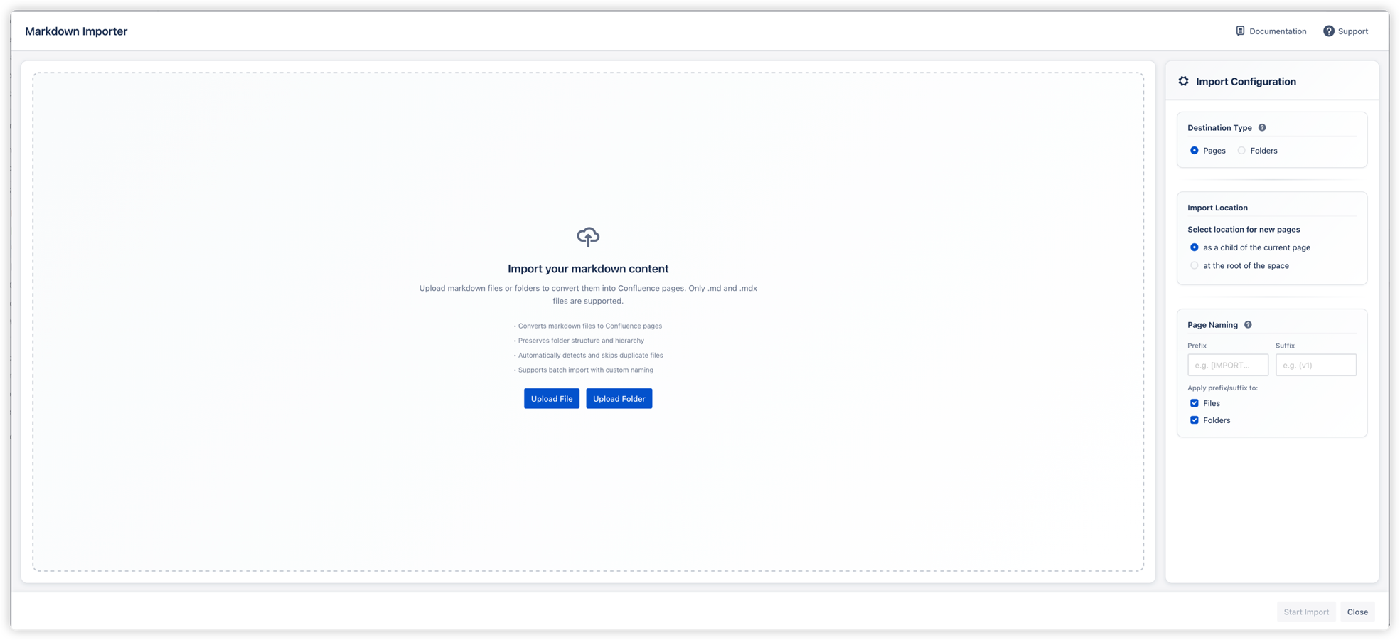 The main import interface lets you upload Markdown files or folders, choose destination type (Pages or Folders), set import location, and configure page naming — all in one clean view.