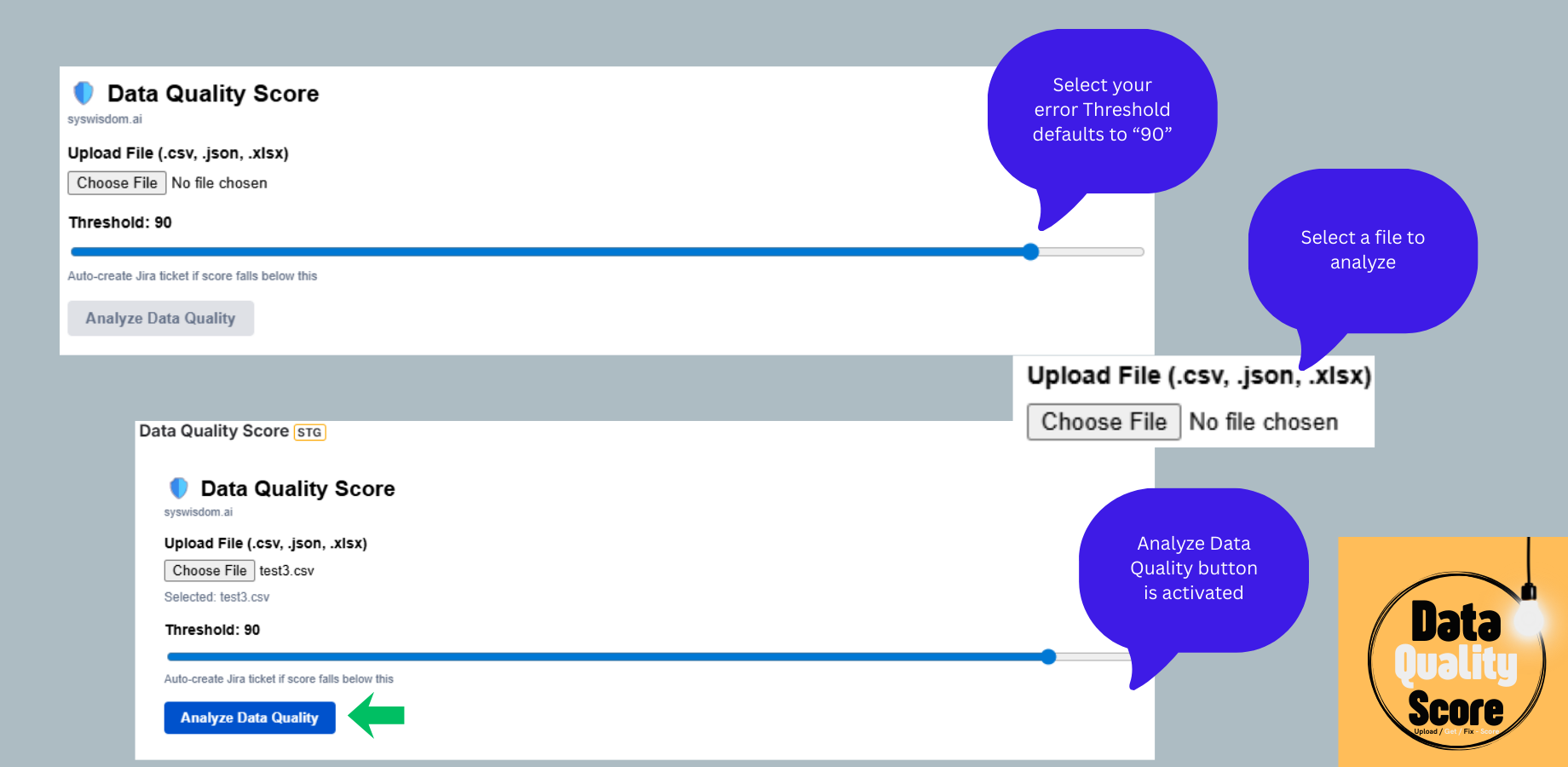 Data Quality Score for Jira app by syswisdom.ai lets you upload CSV, JSON, and XLSX files to get instant quality scores. Set custom error thresholds to create Jira tickets and fix data issues fast.