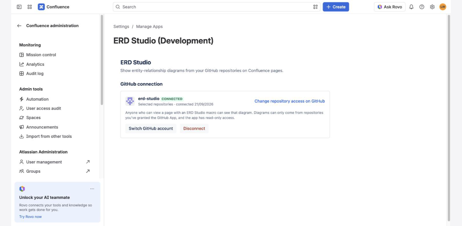 The ERD Studio admin page with a GitHub organisation connected