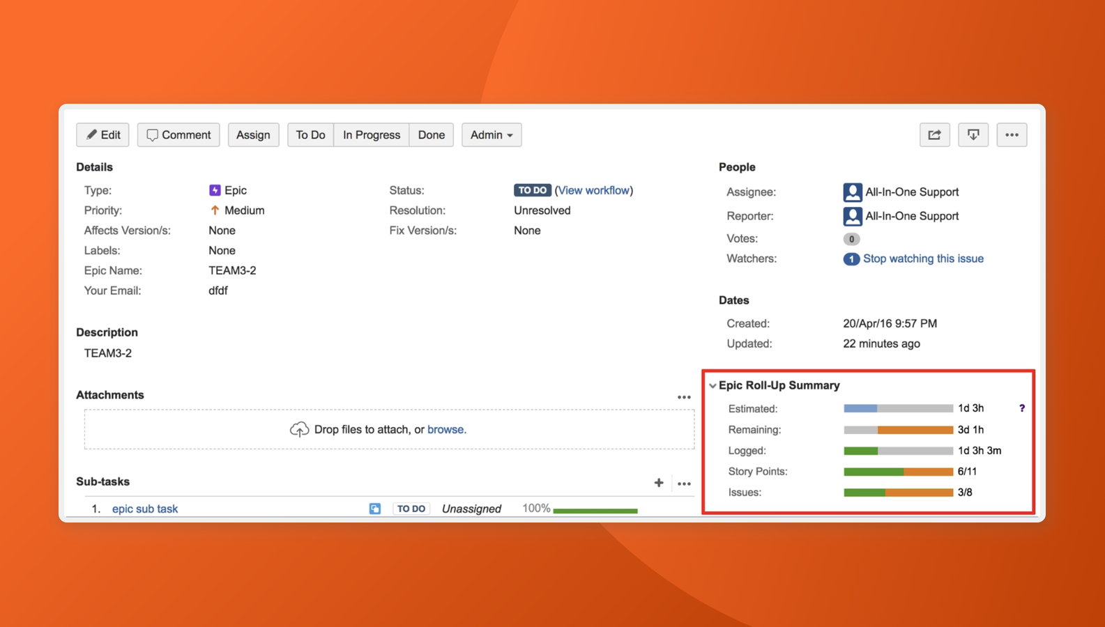 Embedded Epic Roll-Up Summary on the issue details page in Jira.