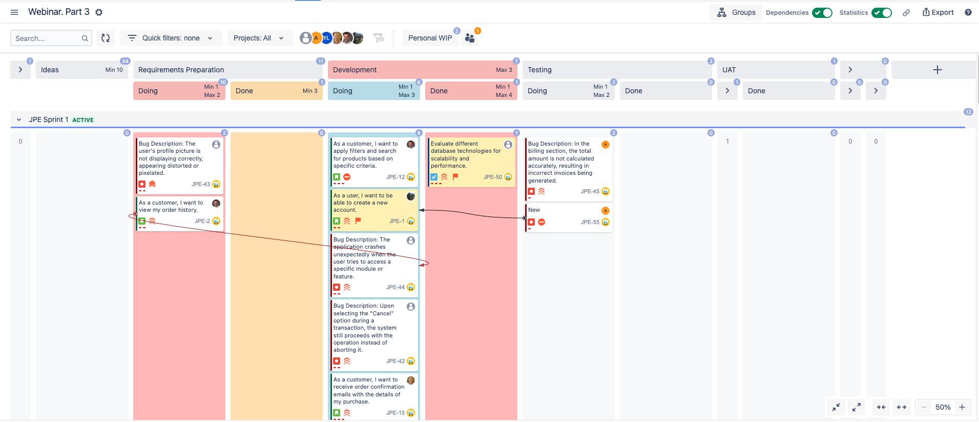 Use case of Scrum team transitioning to Kanban with Sprints as swimlanes, column groups to implement Doing/Done (aka Pull Signals), visualized dependencies and WIP limits exceeded for columns, groups and assignees.