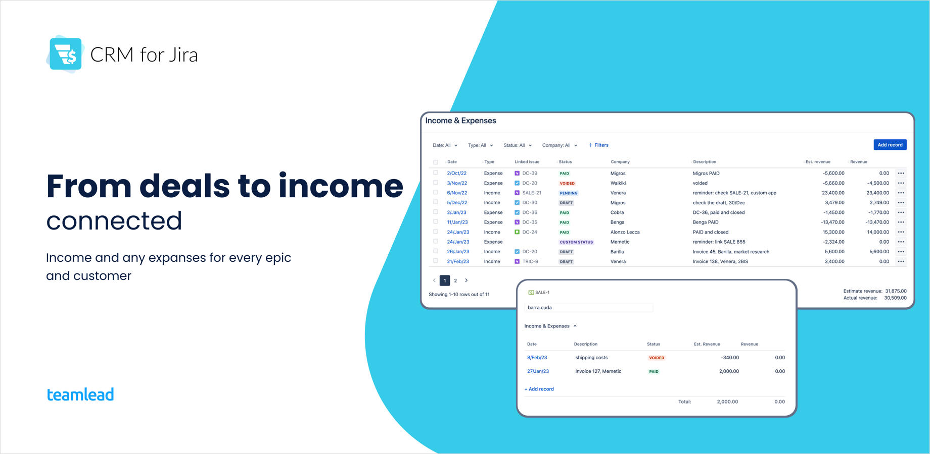 Sales in Jira, Jira finances, CRM app, Income and expenses Jira
