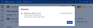 Click on "Merge check" link shows a pop-up with details build data including the direct link to the build run on a CI