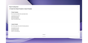 Template type selection showing Simple Templates with built-in metrics and KPIs for instant deployment, versus Upload Templates for cloning custom Confluence pages with exact formatting duplication.