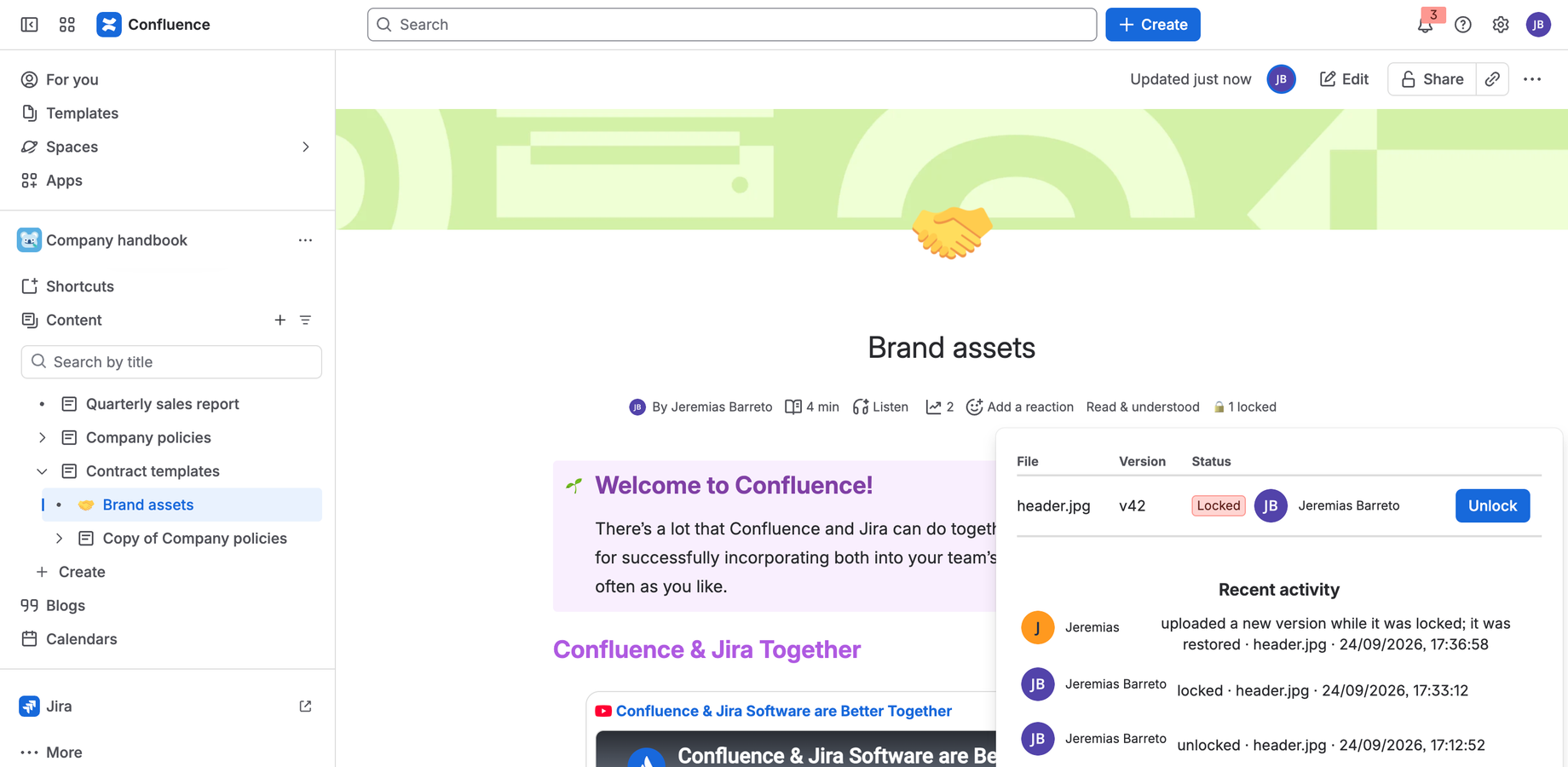 The page header shows "1 locked"; the panel lists the files of the page with version, status, owner and a Lock or Unlock button.