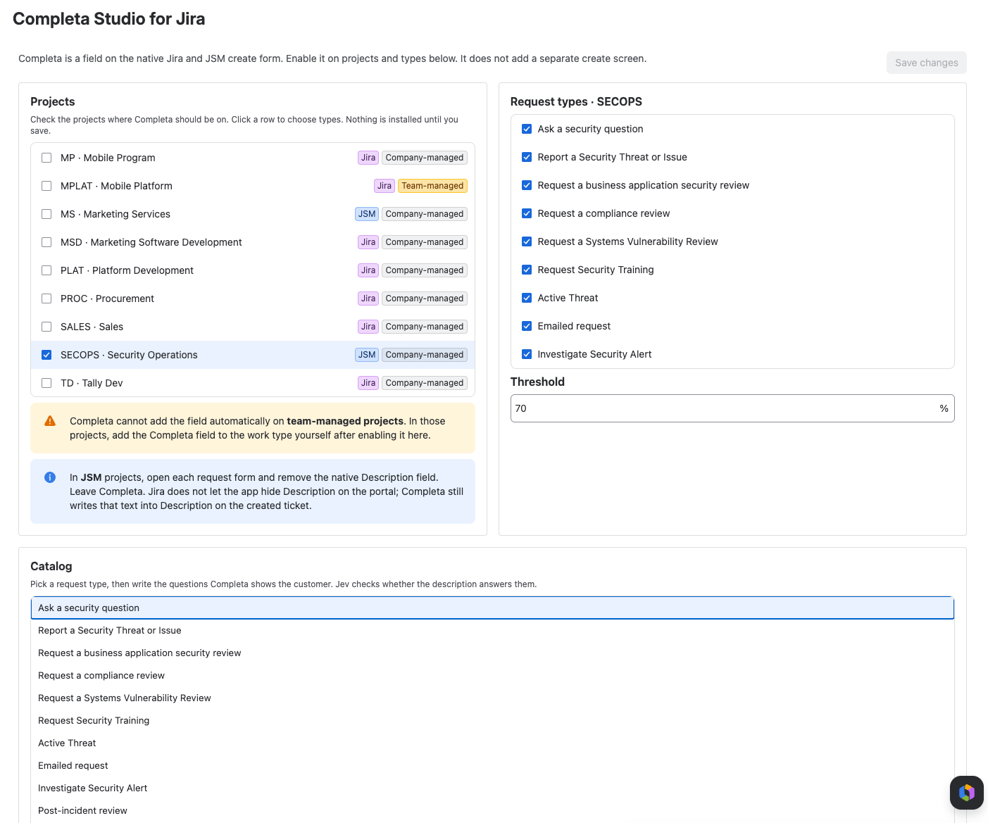 Completa Studio admin: Security Operations enabled, portal request types selected, 70 percent threshold, and the question catalog the reporter will see.