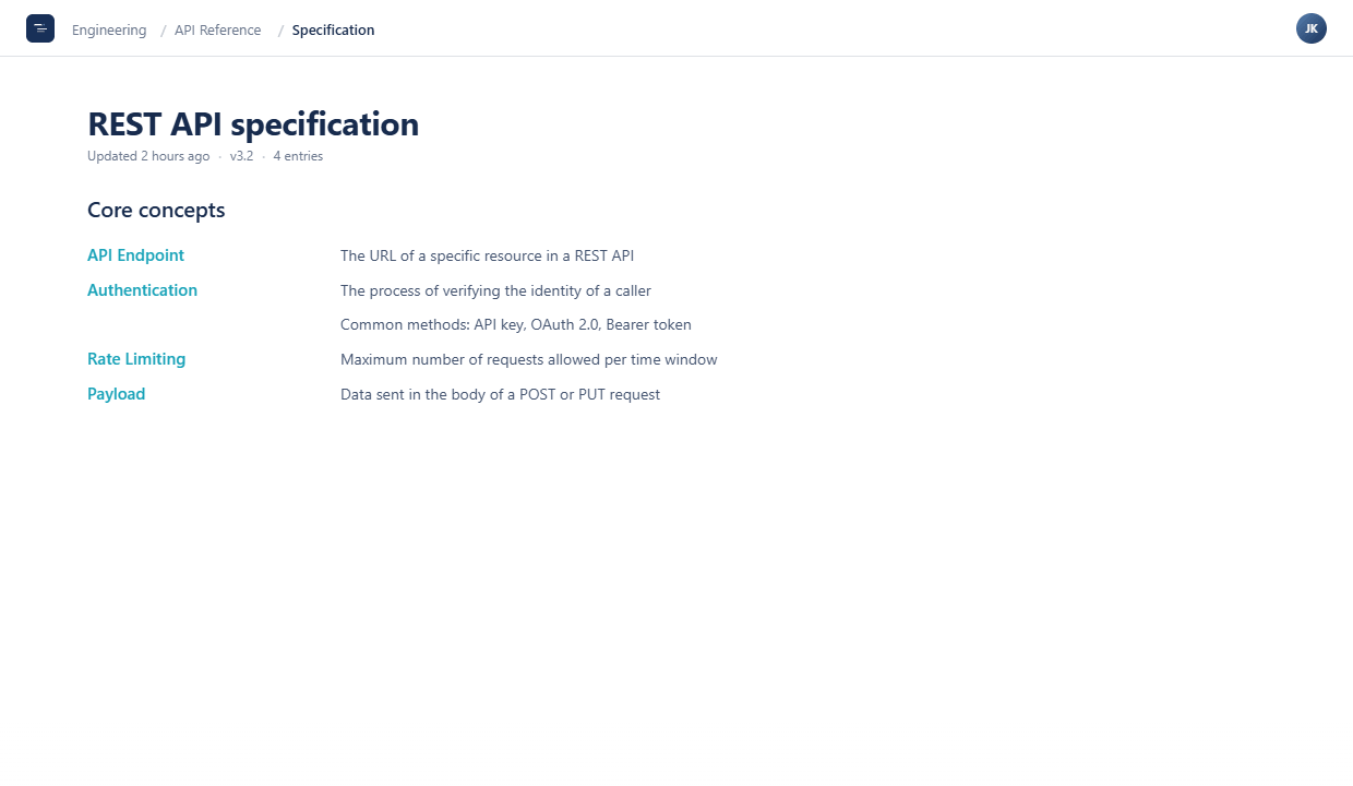 'REST API specification' as an example for the definition list rendered in a grid layout.