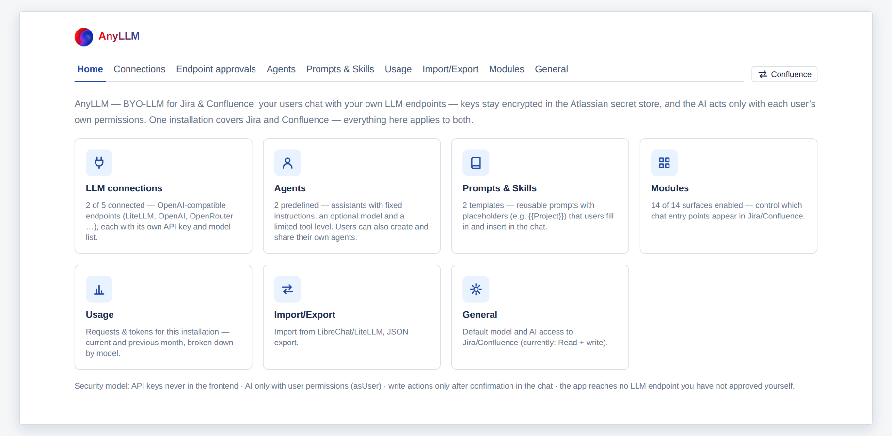 Bring your own LLM — keys stay in Atlassian