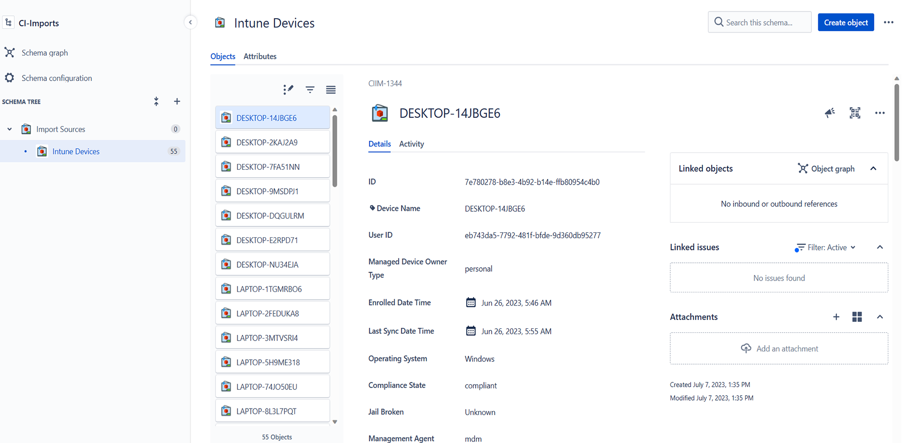 Jira Service Management Assets generated schema with Intune import data.